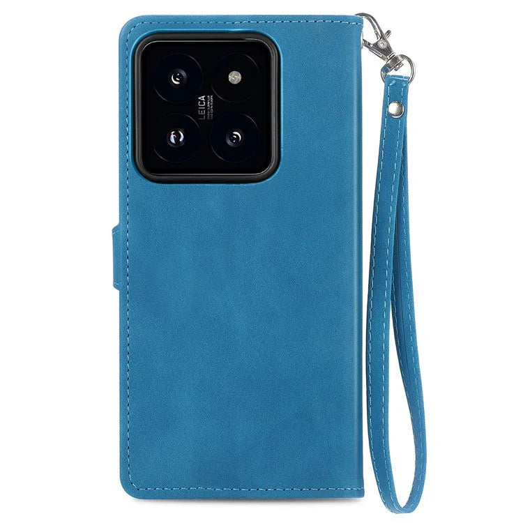 For Xiaomi 14 Case Flower Imprinted Leather Card Slots Zipper Pocket Handbag Phone Cover