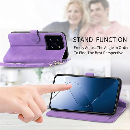 For Xiaomi 14 Case Flower Imprinted Leather Card Slots Zipper Pocket Handbag Phone Cover