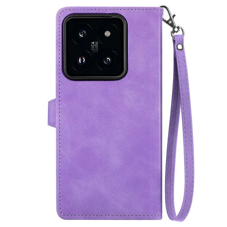 For Xiaomi 14 Case Flower Imprinted Leather Card Slots Zipper Pocket Handbag Phone Cover