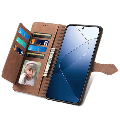 For Xiaomi 14 Case Flower Imprinted Leather Card Slots Zipper Pocket Handbag Phone Cover