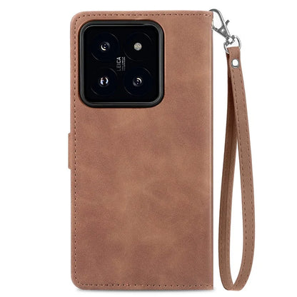 For Xiaomi 14 Case Flower Imprinted Leather Card Slots Zipper Pocket Handbag Phone Cover