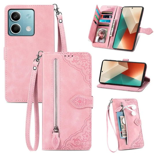 For Xiaomi Redmi Note 13 4G Leather Case Flower Imprinted Zipper Pocket Phone Protector