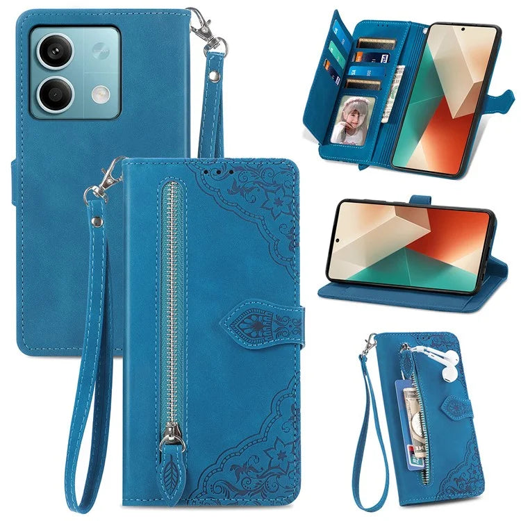 For Xiaomi Redmi Note 13 4G Leather Case Flower Imprinted Zipper Pocket Phone Protector
