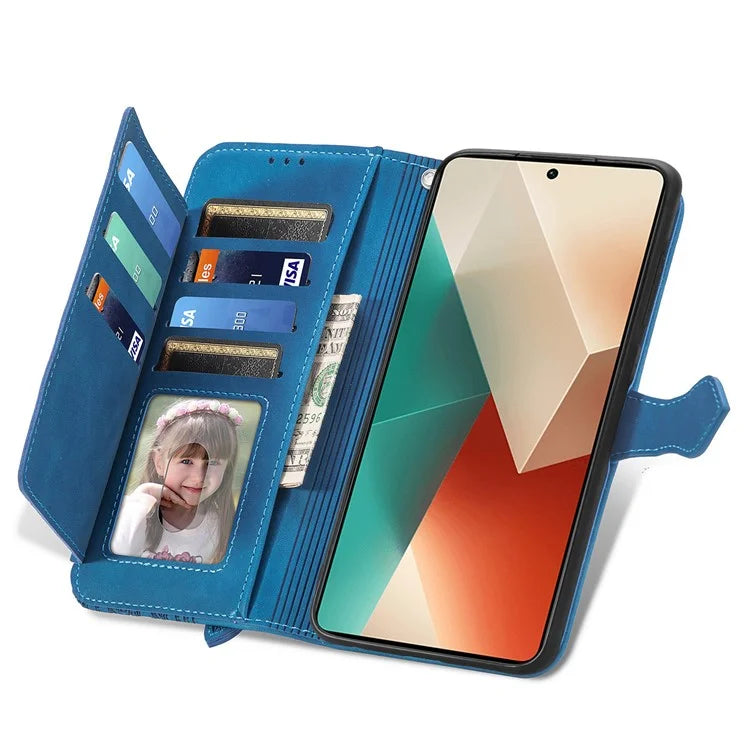 For Xiaomi Redmi Note 13 4G Leather Case Flower Imprinted Zipper Pocket Phone Protector