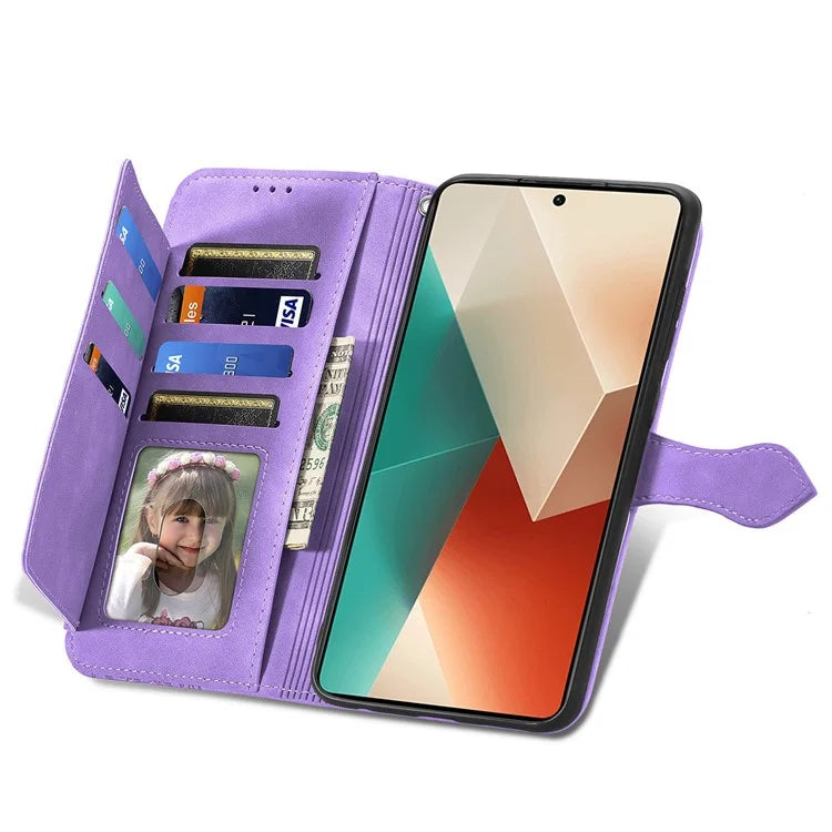 For Xiaomi Redmi Note 13 4G Leather Case Flower Imprinted Zipper Pocket Phone Protector
