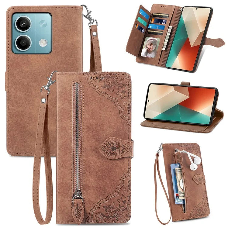 For Xiaomi Redmi Note 13 4G Leather Case Flower Imprinted Zipper Pocket Phone Protector
