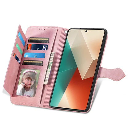For Xiaomi Redmi Note 13 5G Case Handbag Zipper Pocket Flower Imprinted Leather Phone Cover
