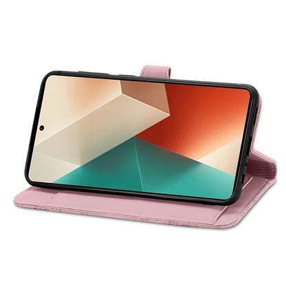 For Xiaomi Redmi Note 13 5G Case Handbag Zipper Pocket Flower Imprinted Leather Phone Cover