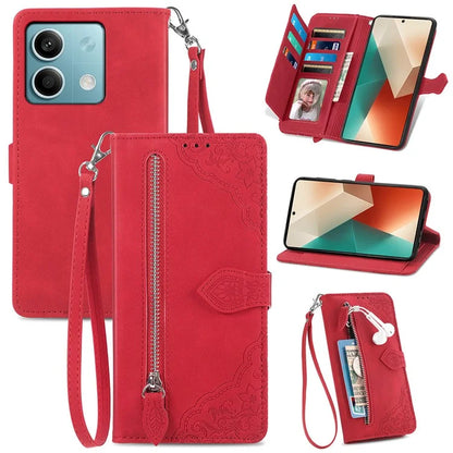 For Xiaomi Redmi Note 13 5G Case Handbag Zipper Pocket Flower Imprinted Leather Phone Cover
