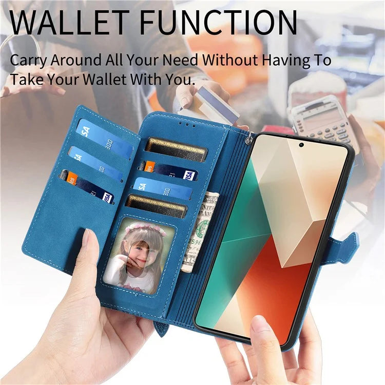 For Xiaomi Redmi Note 13 5G Case Handbag Zipper Pocket Flower Imprinted Leather Phone Cover