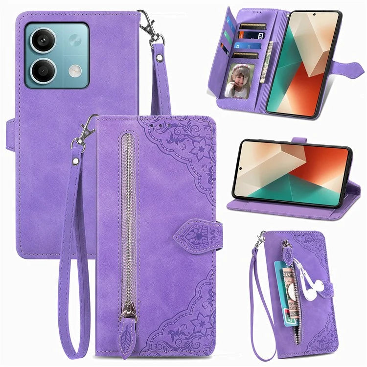 For Xiaomi Redmi Note 13 5G Case Handbag Zipper Pocket Flower Imprinted Leather Phone Cover