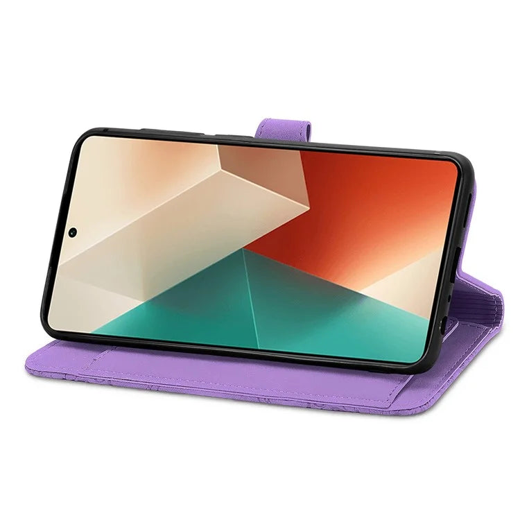 For Xiaomi Redmi Note 13 5G Case Handbag Zipper Pocket Flower Imprinted Leather Phone Cover