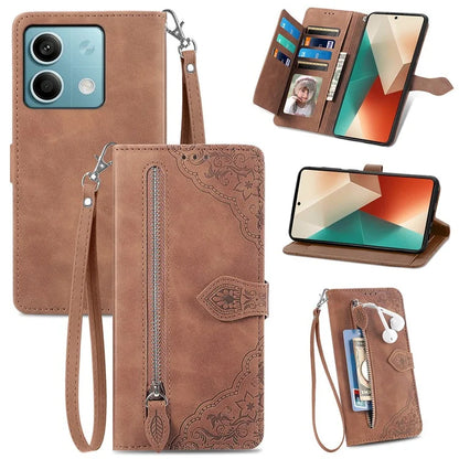 For Xiaomi Redmi Note 13 5G Case Handbag Zipper Pocket Flower Imprinted Leather Phone Cover
