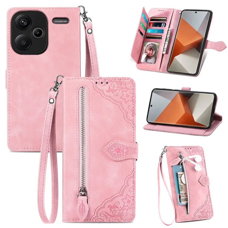 For Xiaomi Redmi Note 13 Pro+ 5G Leather Wallet Case Zipper Pocket Flower Phone Cover