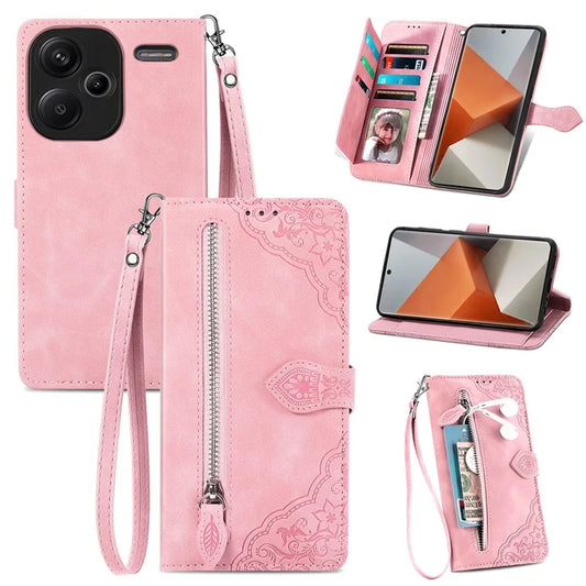 For Xiaomi Redmi Note 13 Pro+ 5G Leather Wallet Case Zipper Pocket Flower Phone Cover