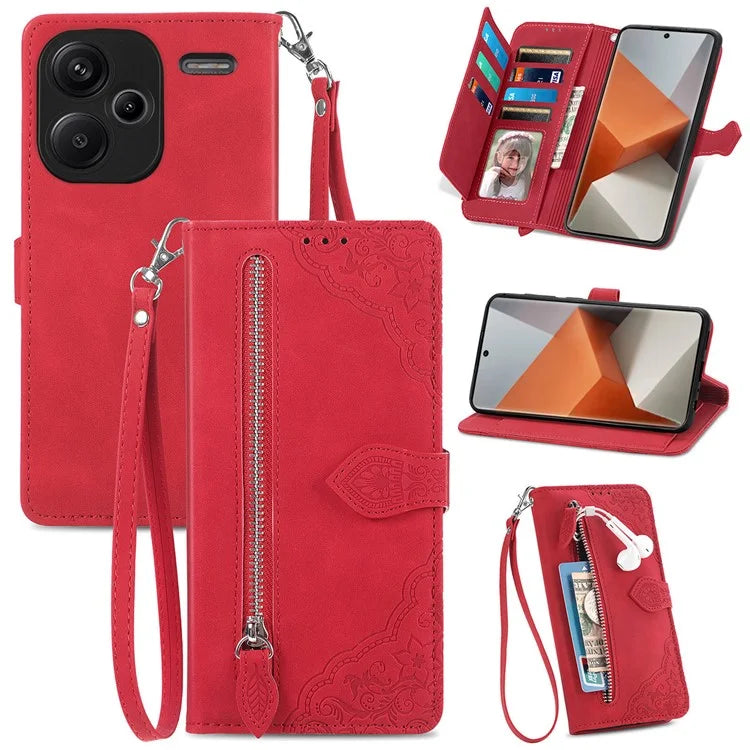For Xiaomi Redmi Note 13 Pro+ 5G Leather Wallet Case Zipper Pocket Flower Phone Cover