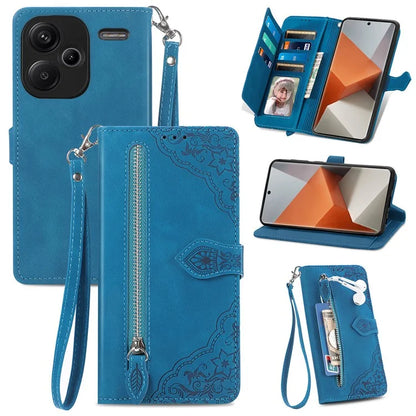 For Xiaomi Redmi Note 13 Pro+ 5G Leather Wallet Case Zipper Pocket Flower Phone Cover