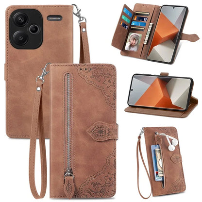 For Xiaomi Redmi Note 13 Pro+ 5G Leather Wallet Case Zipper Pocket Flower Phone Cover