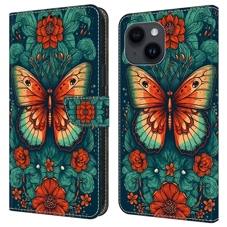 For iPhone 14 Plus Leather Case Magnetic Pattern Printed Closure Folio Phone Protective Cover