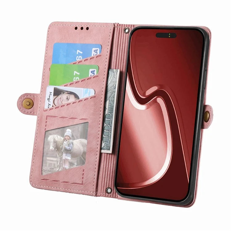 For iPhone 13 Pro Case Geometry Zipper Stand Wallet Anti-Scratch Phone Cover with Wrist Strap