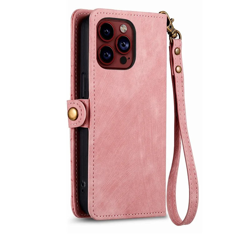 For iPhone 13 Pro Case Geometry Zipper Stand Wallet Anti-Scratch Phone Cover with Wrist Strap