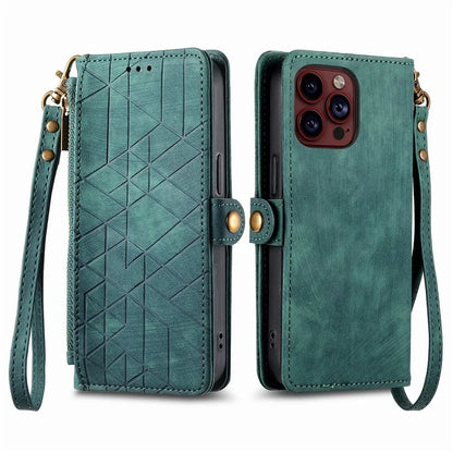 For iPhone 13 Pro Case Geometry Zipper Stand Wallet Anti-Scratch Phone Cover with Wrist Strap