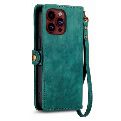 For iPhone 13 Pro Case Geometry Zipper Stand Wallet Anti-Scratch Phone Cover with Wrist Strap