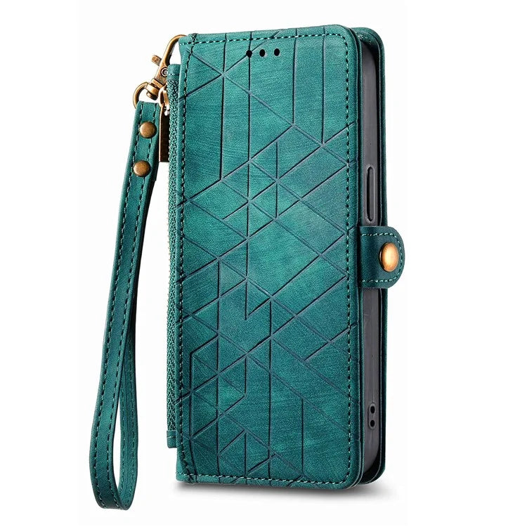 For iPhone 13 Pro Case Geometry Zipper Stand Wallet Anti-Scratch Phone Cover with Wrist Strap