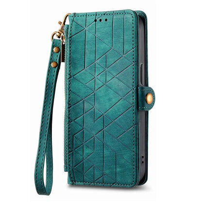 For iPhone 13 Pro Case Geometry Zipper Stand Wallet Anti-Scratch Phone Cover with Wrist Strap
