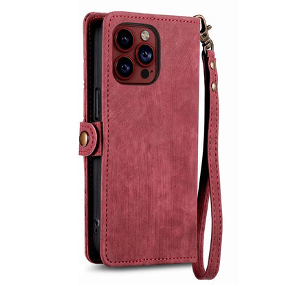For iPhone 13 Pro Case Geometry Zipper Stand Wallet Anti-Scratch Phone Cover with Wrist Strap