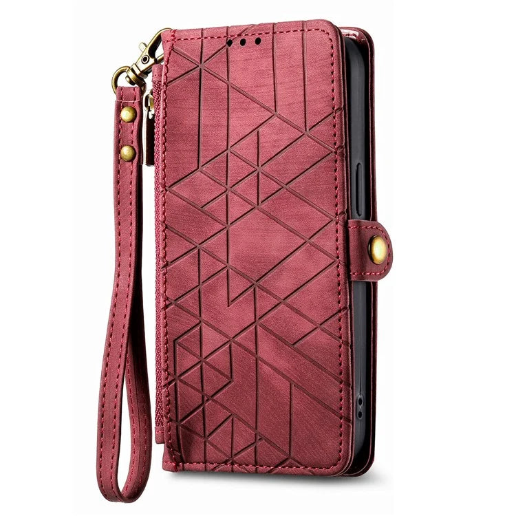 For iPhone 13 Pro Case Geometry Zipper Stand Wallet Anti-Scratch Phone Cover with Wrist Strap