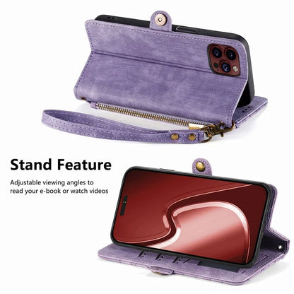 For iPhone 13 Pro Case Geometry Zipper Stand Wallet Anti-Scratch Phone Cover with Wrist Strap