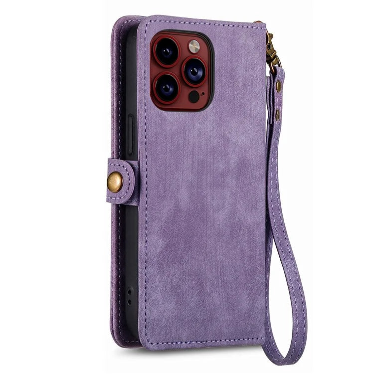 For iPhone 13 Pro Case Geometry Zipper Stand Wallet Anti-Scratch Phone Cover with Wrist Strap