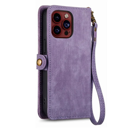 For iPhone 13 Pro Case Geometry Zipper Stand Wallet Anti-Scratch Phone Cover with Wrist Strap