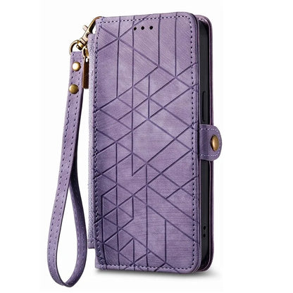 For iPhone 13 Pro Case Geometry Zipper Stand Wallet Anti-Scratch Phone Cover with Wrist Strap