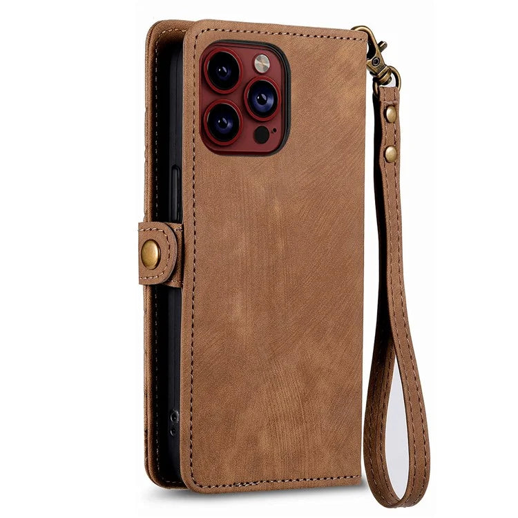 For iPhone 13 Pro Case Geometry Zipper Stand Wallet Anti-Scratch Phone Cover with Wrist Strap