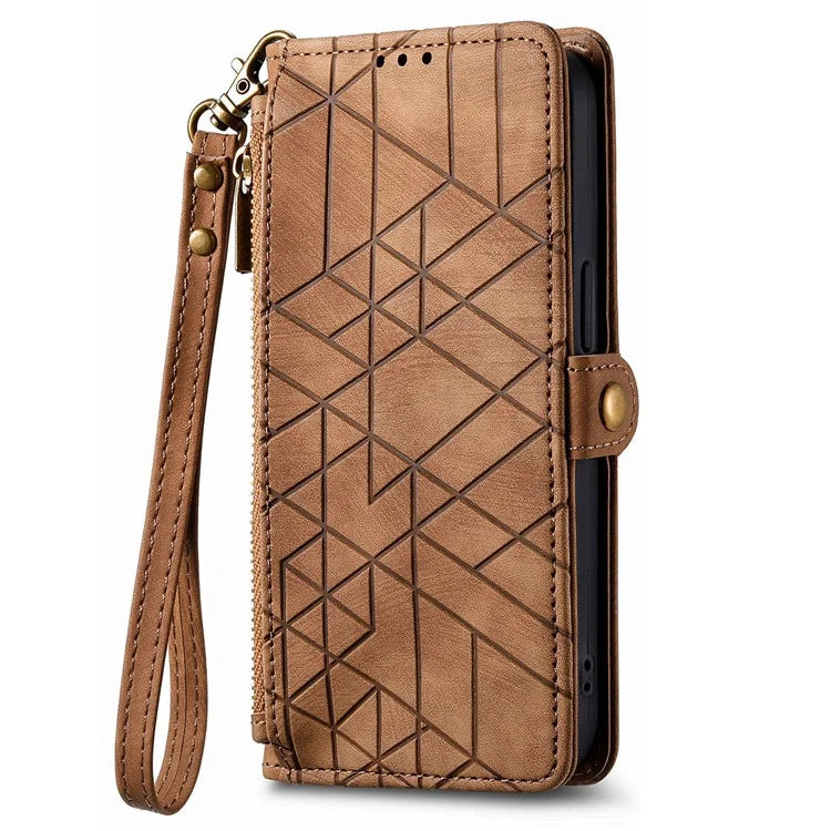 For iPhone 13 Pro Case Geometry Zipper Stand Wallet Anti-Scratch Phone Cover with Wrist Strap