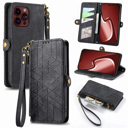 For iPhone 13 Pro Case Geometry Zipper Stand Wallet Anti-Scratch Phone Cover with Wrist Strap