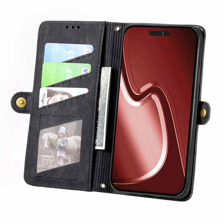 For iPhone 13 Pro Case Geometry Zipper Stand Wallet Anti-Scratch Phone Cover with Wrist Strap