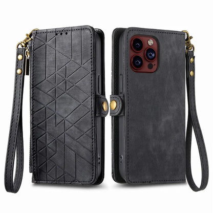 For iPhone 13 Pro Case Geometry Zipper Stand Wallet Anti-Scratch Phone Cover with Wrist Strap
