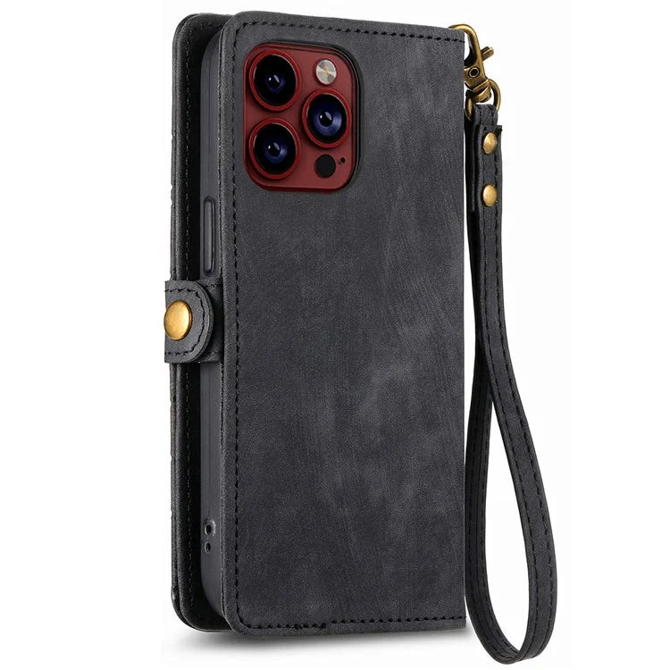 For iPhone 13 Pro Case Geometry Zipper Stand Wallet Anti-Scratch Phone Cover with Wrist Strap