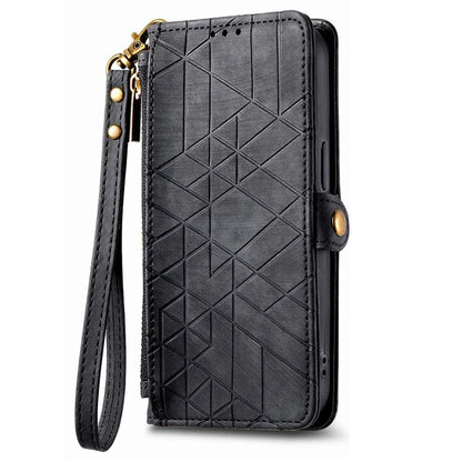 For iPhone 13 Pro Case Geometry Zipper Stand Wallet Anti-Scratch Phone Cover with Wrist Strap