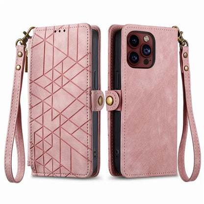 For iPhone 14 Pro Max Geometry Texture Stand Phone Case Wallet Phone Cover with Wrist Strap