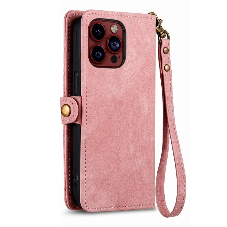 For iPhone 14 Pro Max Geometry Texture Stand Phone Case Wallet Phone Cover with Wrist Strap