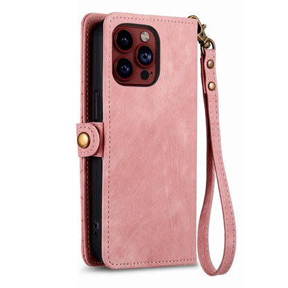 For iPhone 14 Pro Max Geometry Texture Stand Phone Case Wallet Phone Cover with Wrist Strap