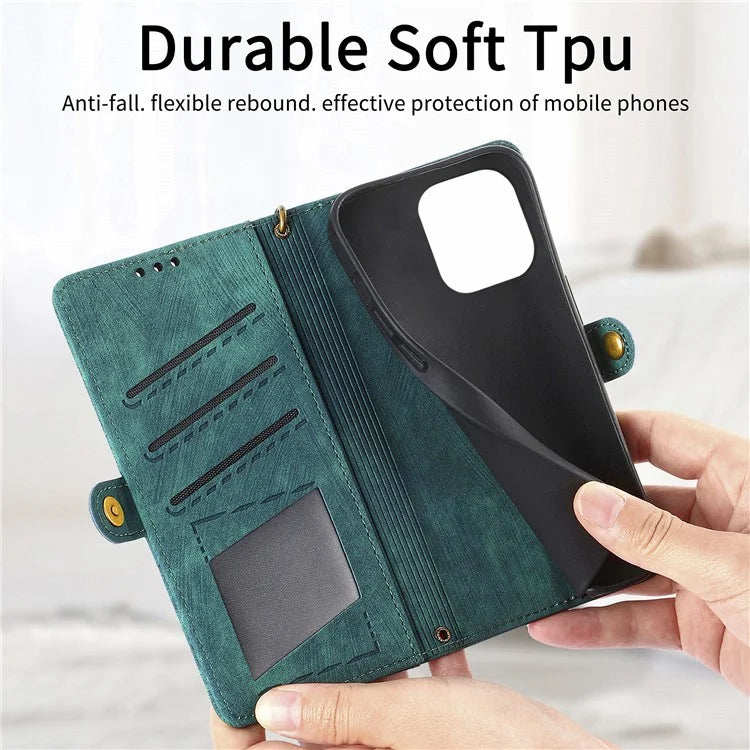 For iPhone 14 Pro Max Geometry Texture Stand Phone Case Wallet Phone Cover with Wrist Strap