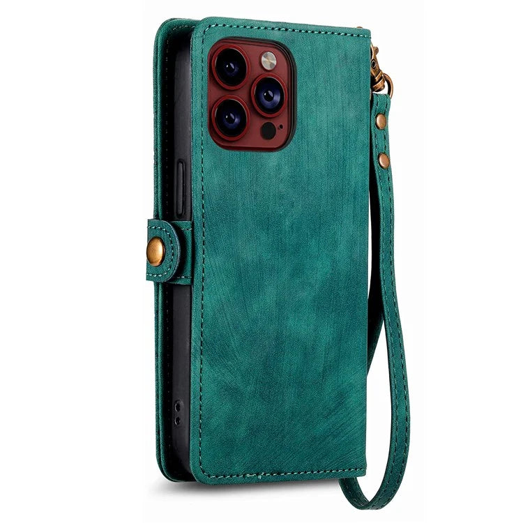 For iPhone 14 Pro Max Geometry Texture Stand Phone Case Wallet Phone Cover with Wrist Strap