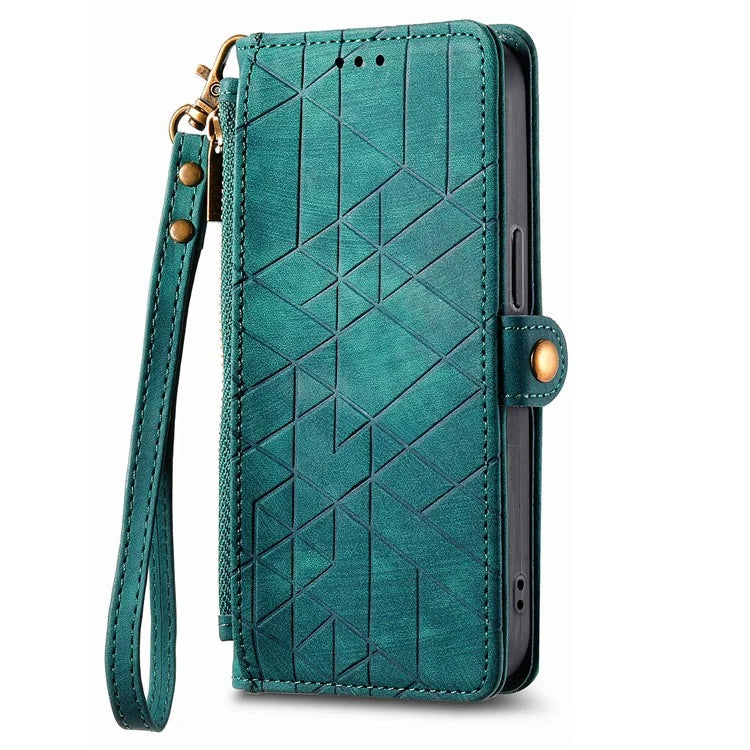 For iPhone 14 Pro Max Geometry Texture Stand Phone Case Wallet Phone Cover with Wrist Strap