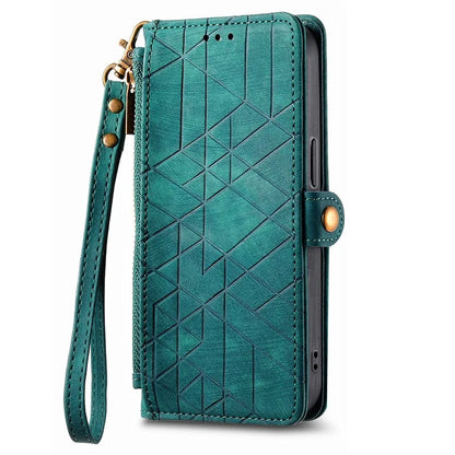 For iPhone 14 Pro Max Geometry Texture Stand Phone Case Wallet Phone Cover with Wrist Strap