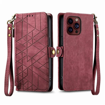 For iPhone 14 Pro Max Geometry Texture Stand Phone Case Wallet Phone Cover with Wrist Strap